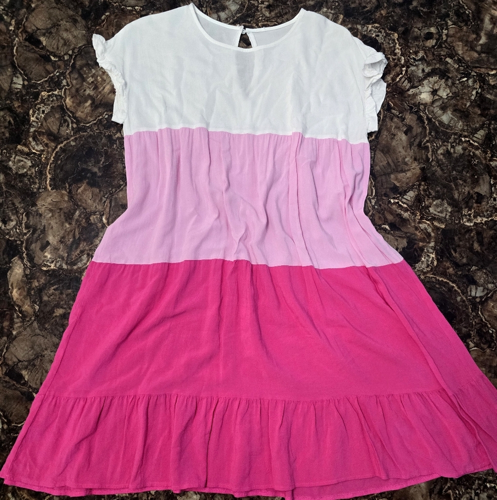 Pink and White Color Blocked Ruffle Dress